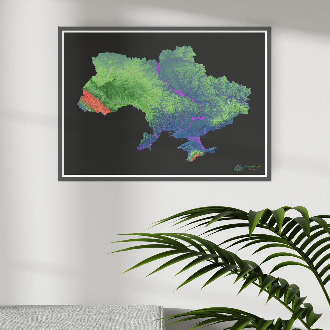 Ucrania - Mapa de elevación, negro - Impresión de Bellas Artes