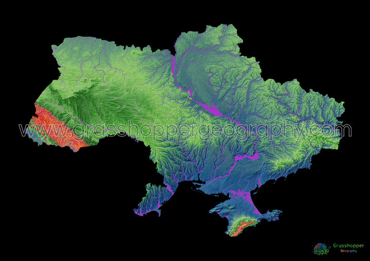 ウクライナ - 標高地図、黒 - ファインアートプリント