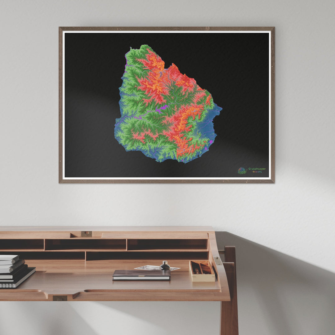 Elevation map of Uruguay with black background - Fine Art Print