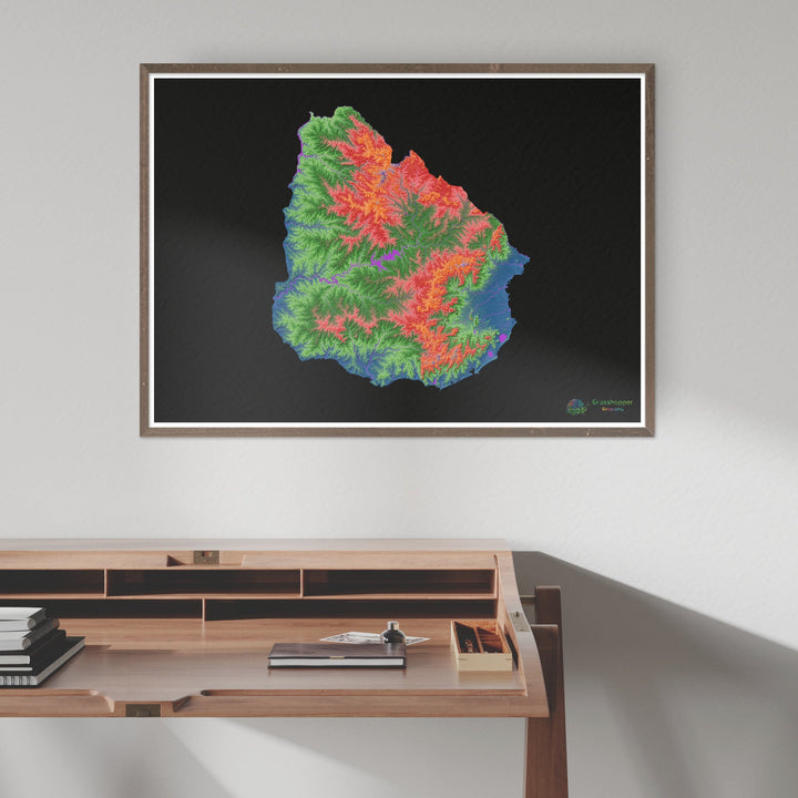 Uruguay - Mapa de elevación, negro - Impresión de Bellas Artes