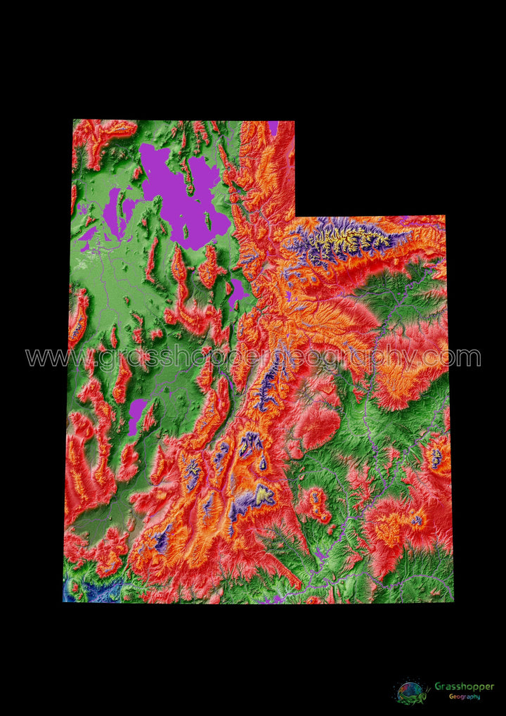 Utah - Mapa de elevación, negro - Impresión de Bellas Artes