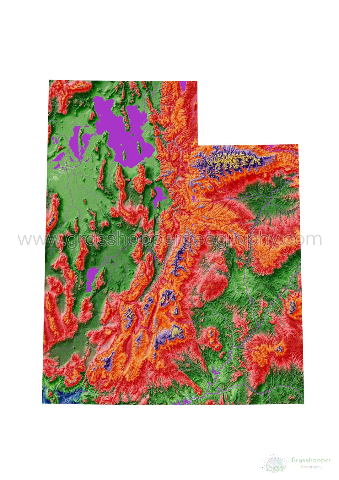 Utah - Mapa de elevación, blanco - Impresión de Bellas Artes