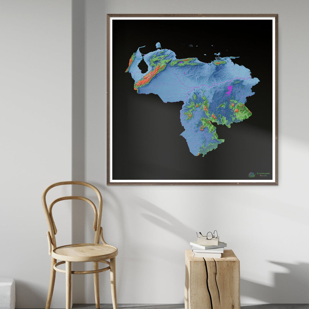 Venezuela - Mapa de elevación, negro - Impresión de Bellas Artes