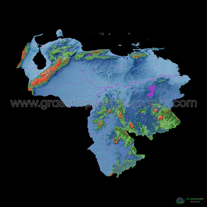 Venezuela - Mapa de elevación, negro - Impresión de Bellas Artes