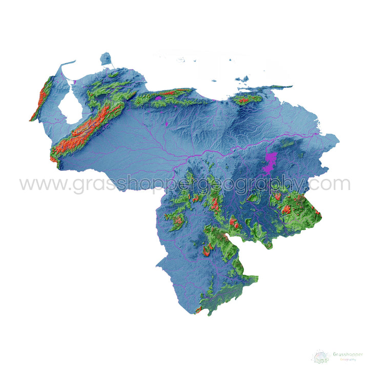 Venezuela - Mapa de elevación, blanco - Impresión de Bellas Artes