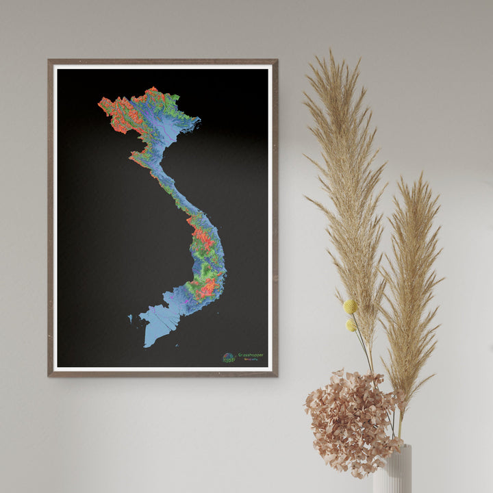 Elevation map of Vietnam with black background - Fine Art Print