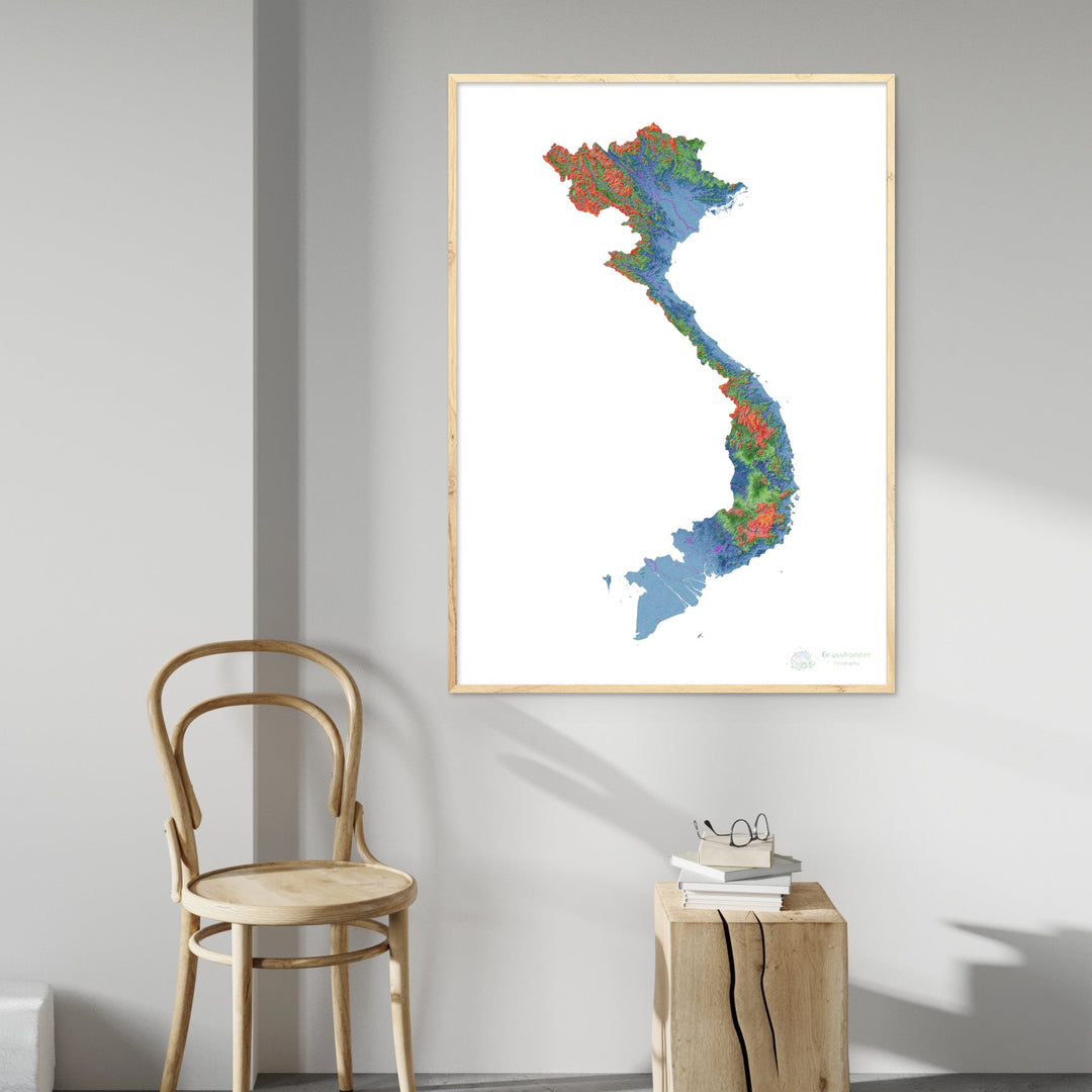 Vietnam - Mapa de elevación, blanco - Impresión de Bellas Artes