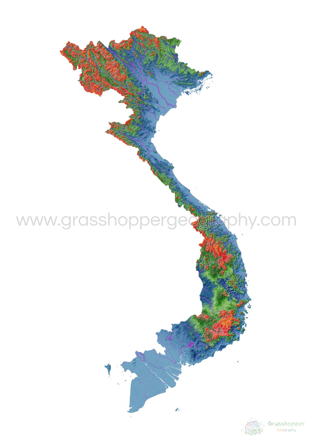 Vietnam - Elevation map, white - Fine Art Print