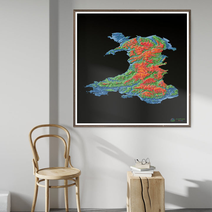 Pays de Galles - Carte d'élévation, noir - Tirage d'art