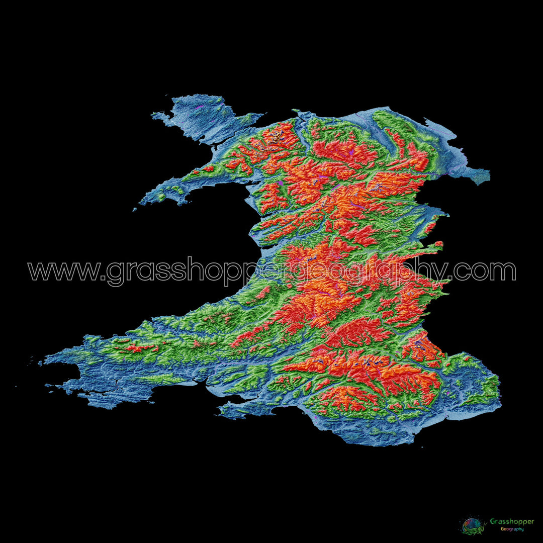 Gales - Mapa de elevación, negro - Impresión de Bellas Artes