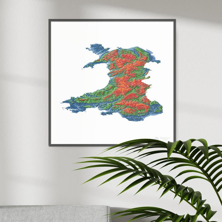 Gales - Mapa de elevación, blanco - Impresión de bellas artes