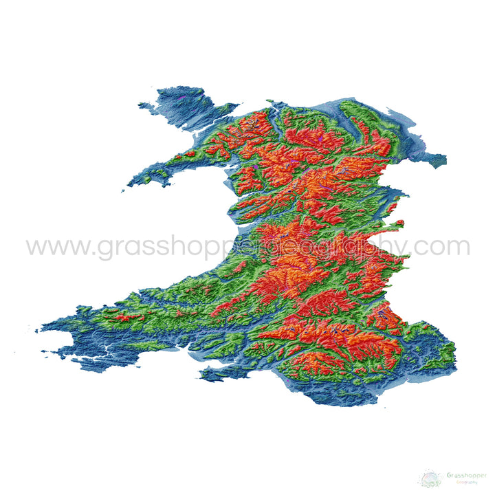 Pays de Galles - Carte d'élévation, blanc - Tirage d'art