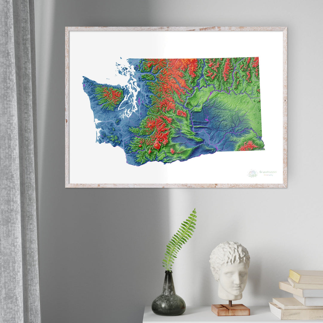 Elevation map of Washington with white background - Fine Art Print