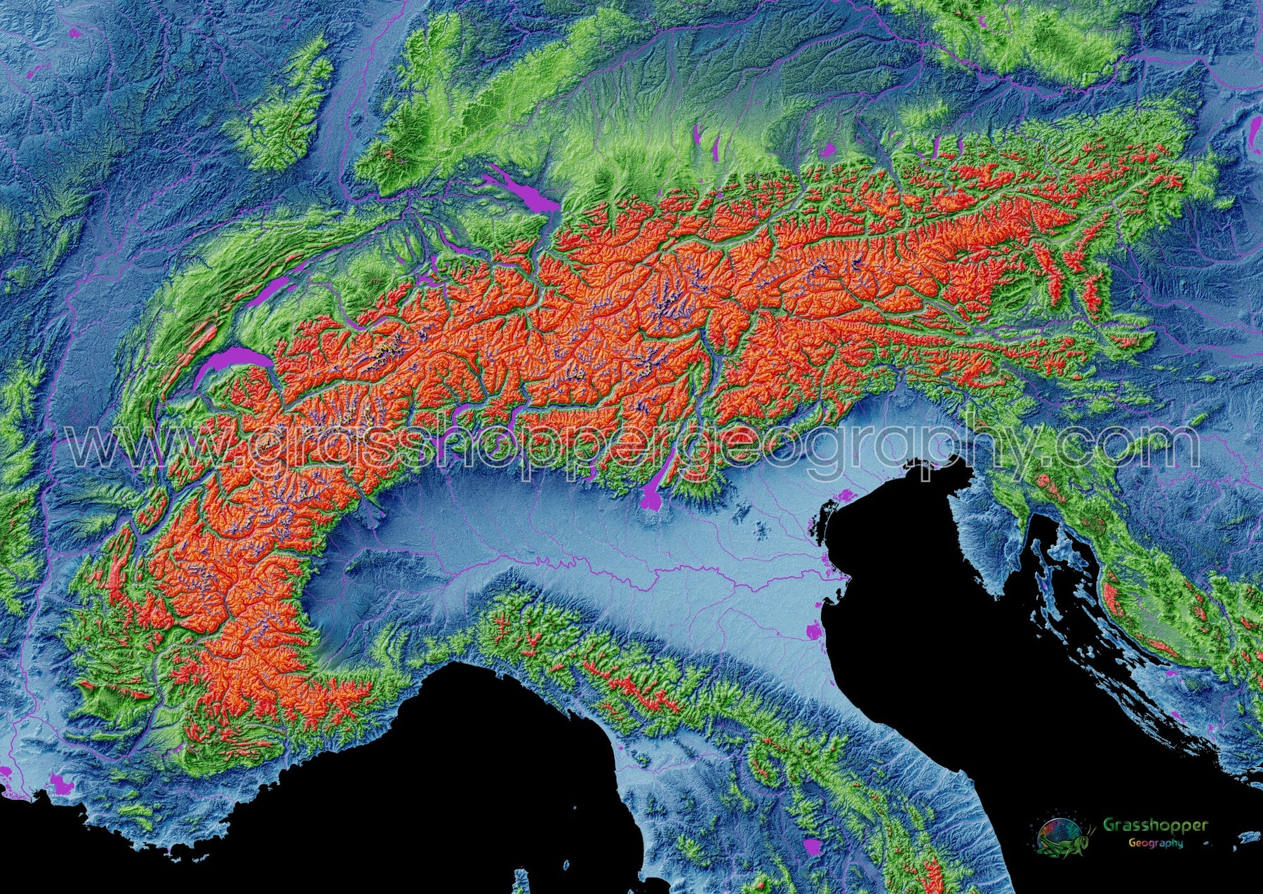 Alpine System Map The Alps - Elevation map, black - Fine Art Print – Grasshopper Geography