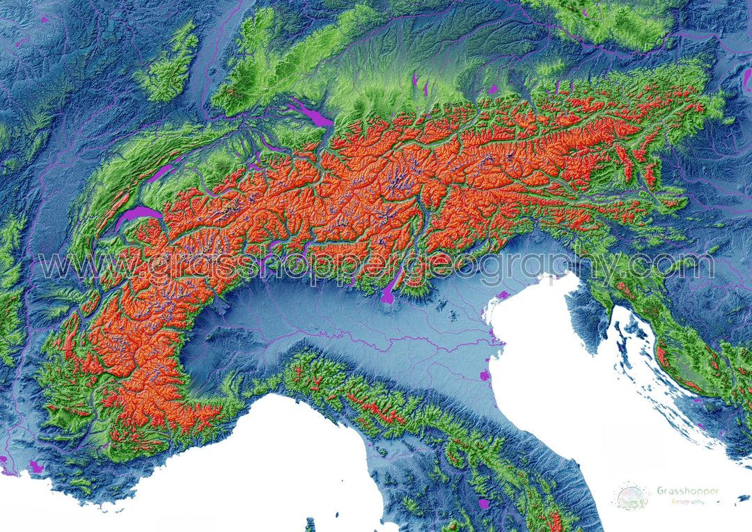 Los Alpes - Mapa de elevación, blanco - Impresión de Bellas Artes
