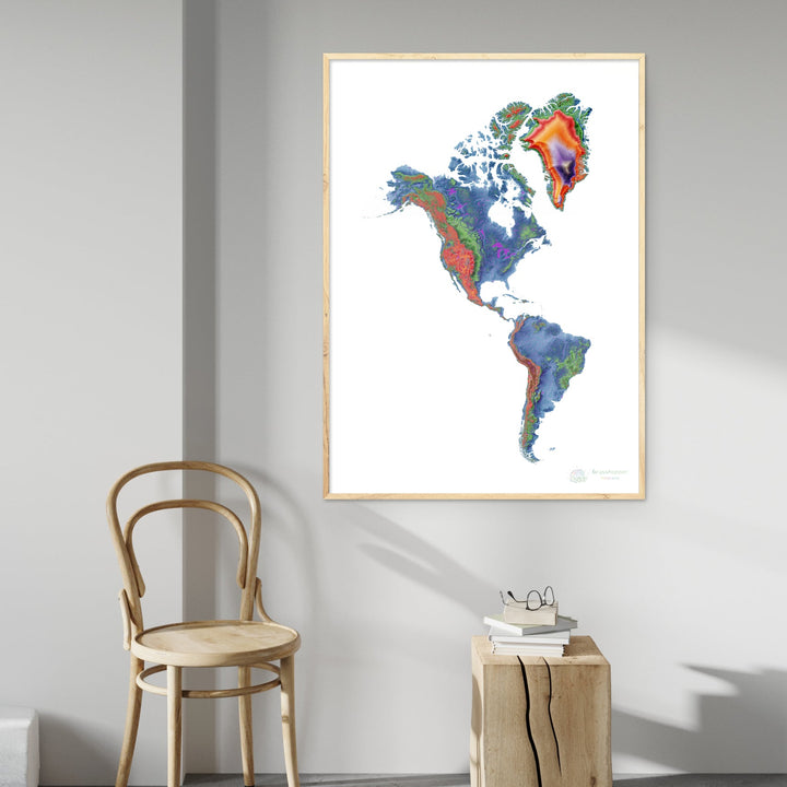 美洲 - 海拔地图，白色 - 美术印刷品