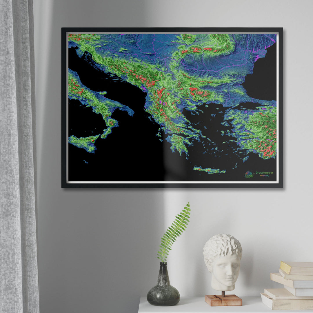Elevation map of the Balkans with black background - Fine Art Print