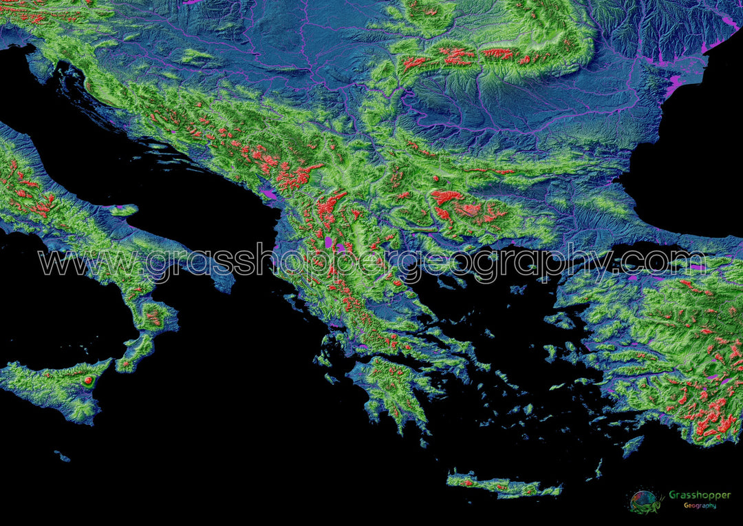 Les Balkans - Carte d'élévation, noir - Tirage d'art