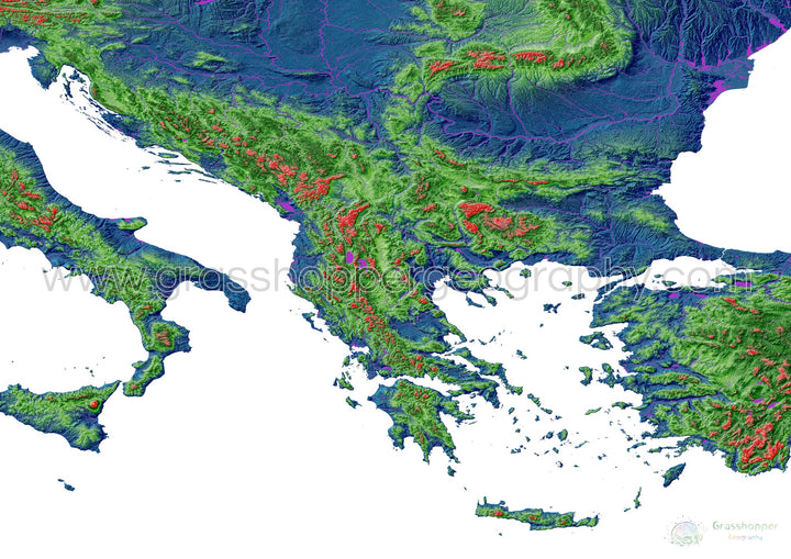 Los Balcanes - Mapa de elevación, blanco - Impresión de Bellas Artes