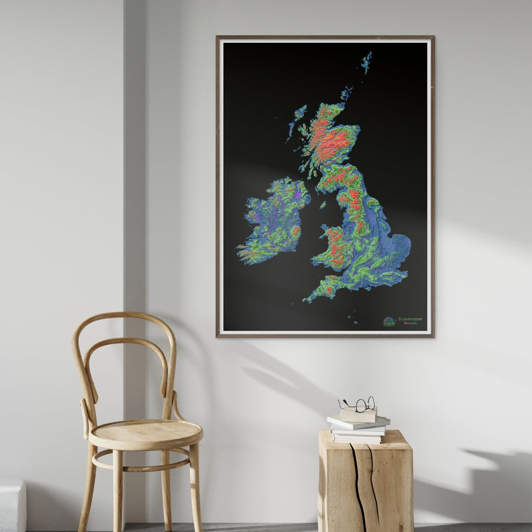 Les îles britanniques - Carte d'élévation, noir - Tirage d'art