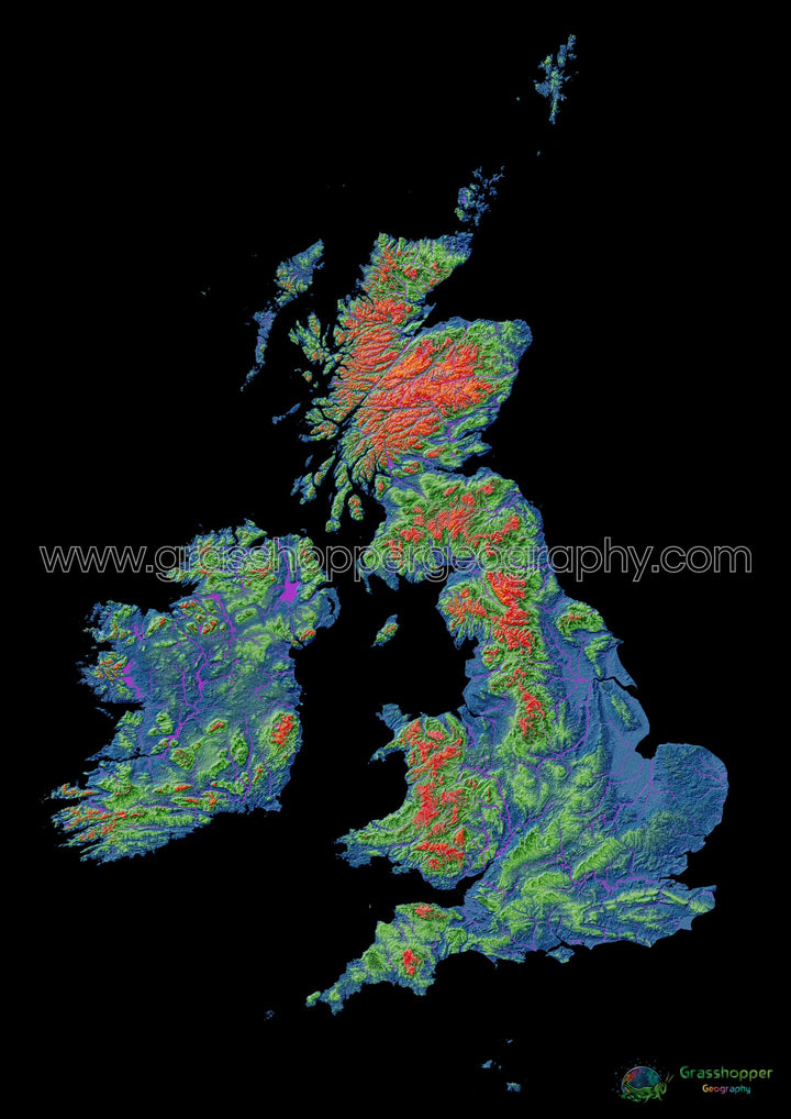 Elevation map of the British Isles with black background - Fine Art Print