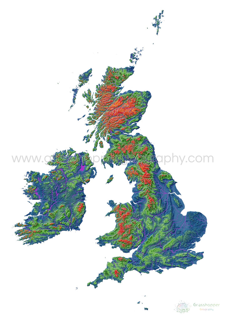 Les îles britanniques - Carte d'élévation, blanc - Tirage d'art