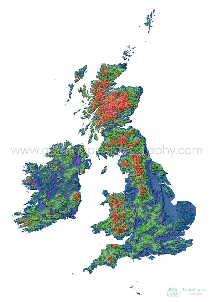 Las Islas Británicas - Mapa de elevación, blanco - Impresión de Bellas Artes