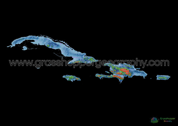 Las Antillas Mayores - Mapa de elevación, negro - Impresión de Bellas Artes