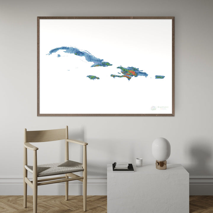 Les Grandes Antilles - Carte d'élévation, blanc - Tirage d'art