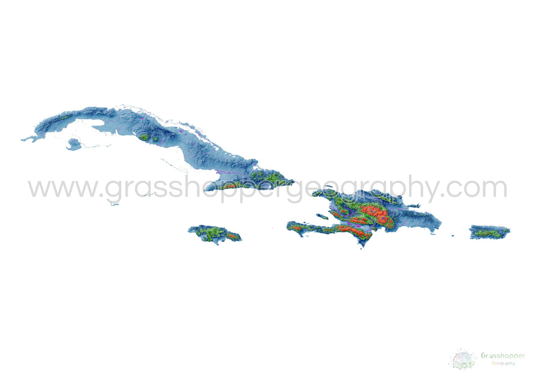 Elevation map of the Greater Antilles with white background - Fine Art Print