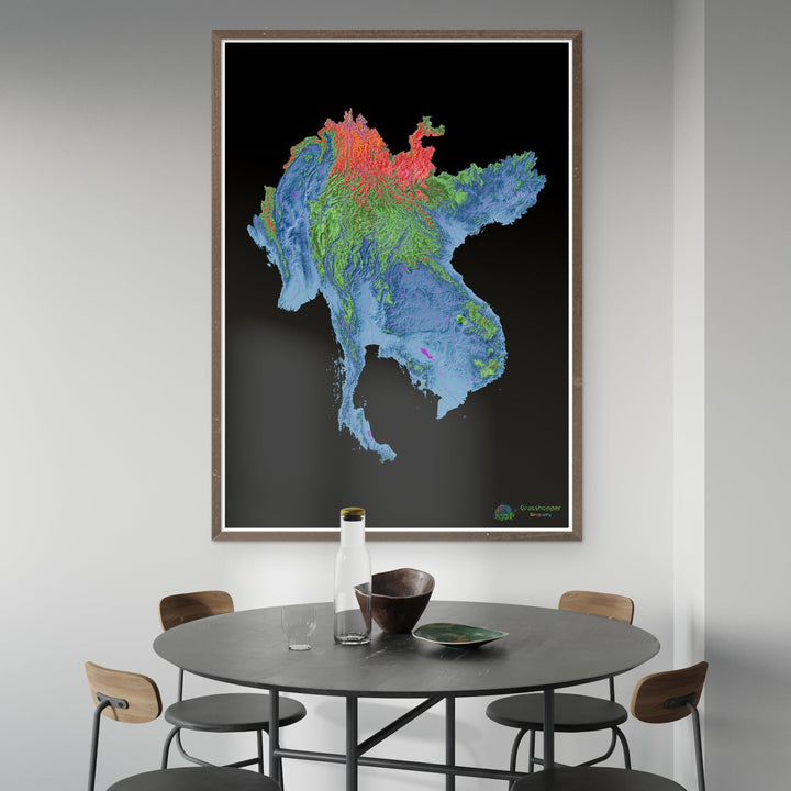 大メコン圏 - 標高地図、黒 - ファインアートプリント