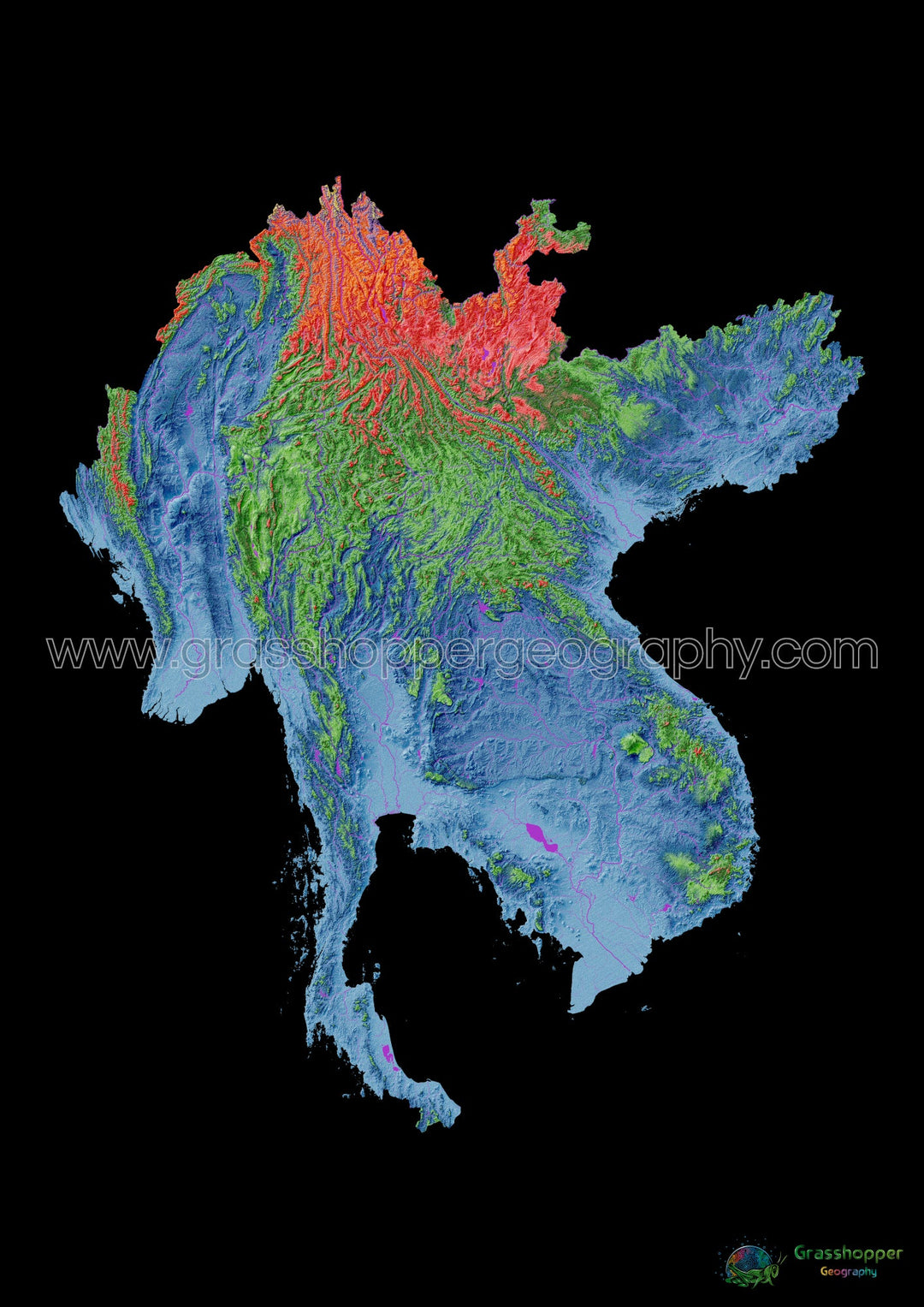 Sous-région du Grand Mékong - Carte d'élévation, noir - Tirage d'art