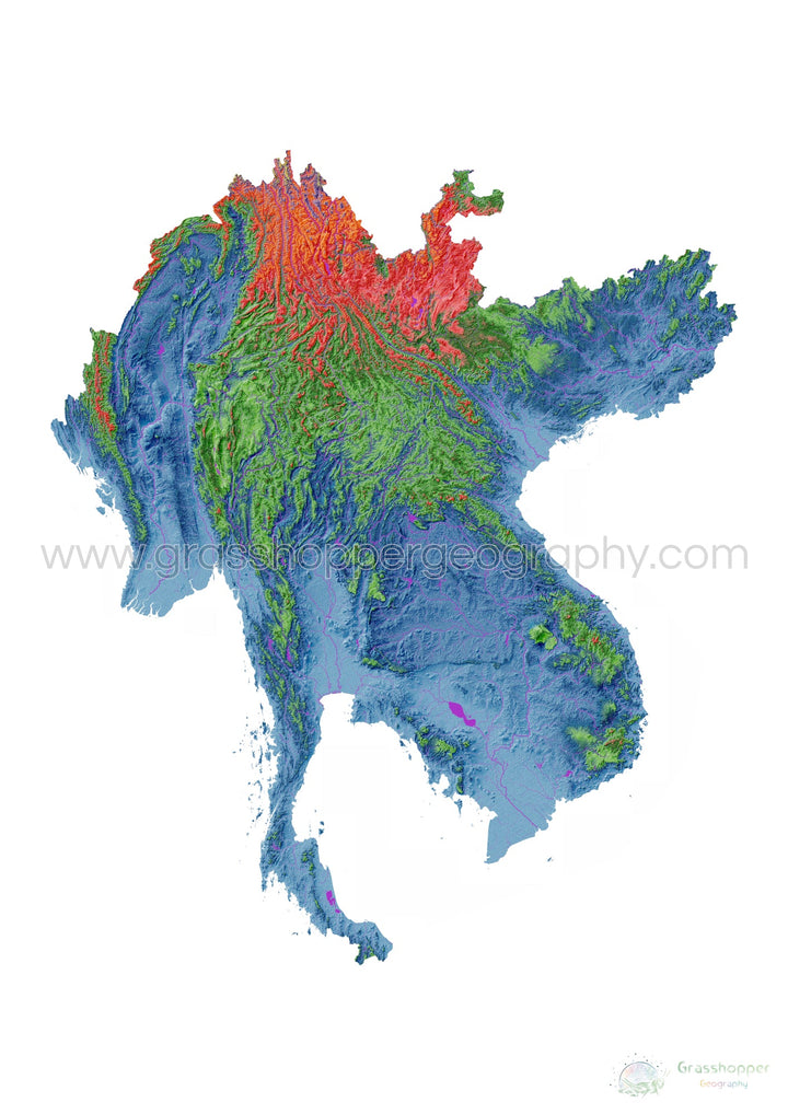 Elevation map of the Greater Mekong Subregion with white background - Fine Art Print