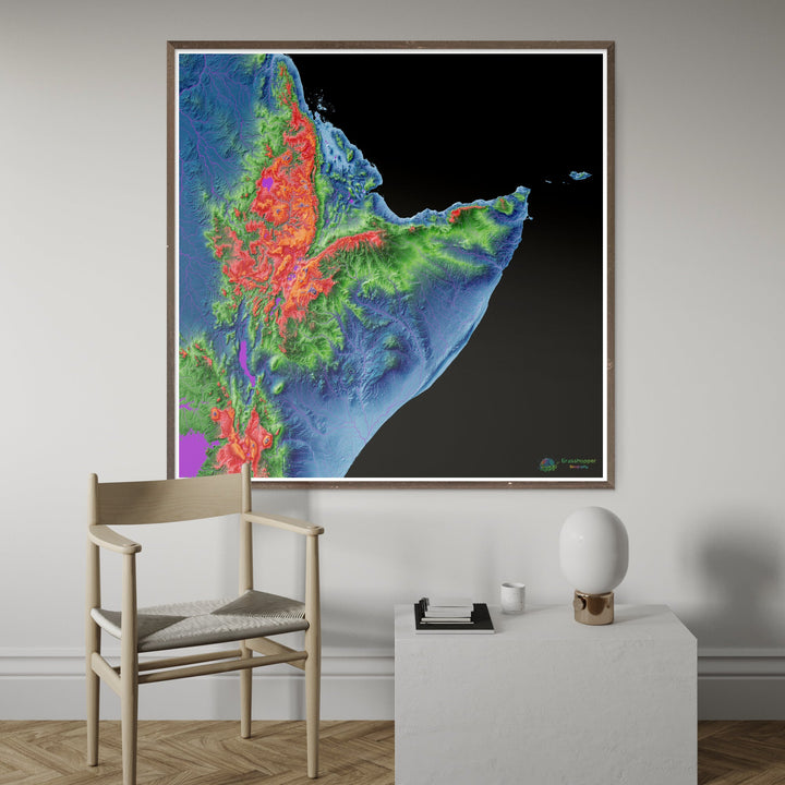 The Horn of Africa - Elevation map, black - Fine Art Print