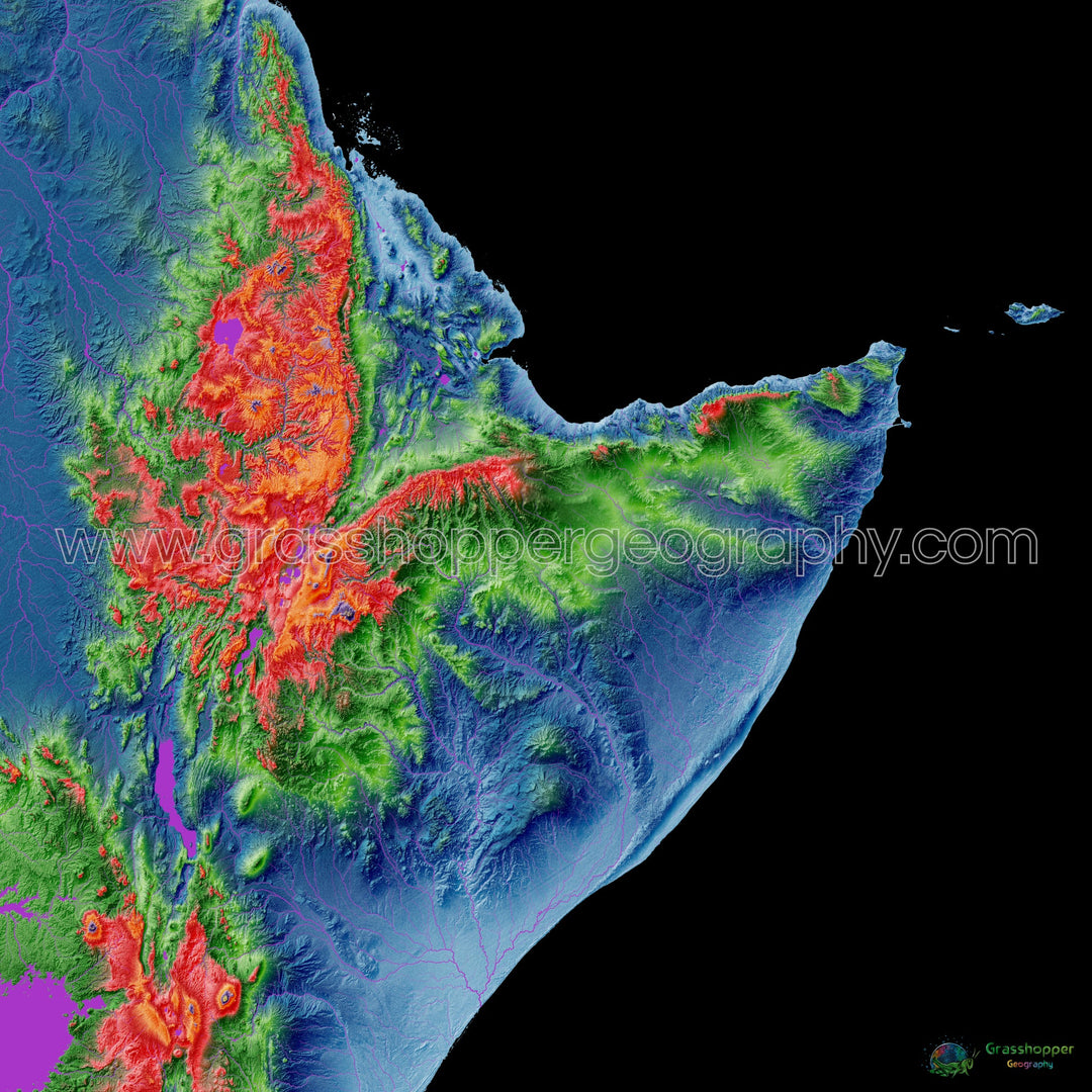 The Horn of Africa - Elevation map, black - Fine Art Print