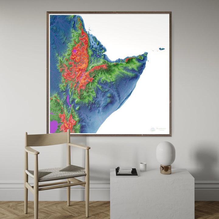 Elevation map of the Horn of Africa with white background - Fine Art Print