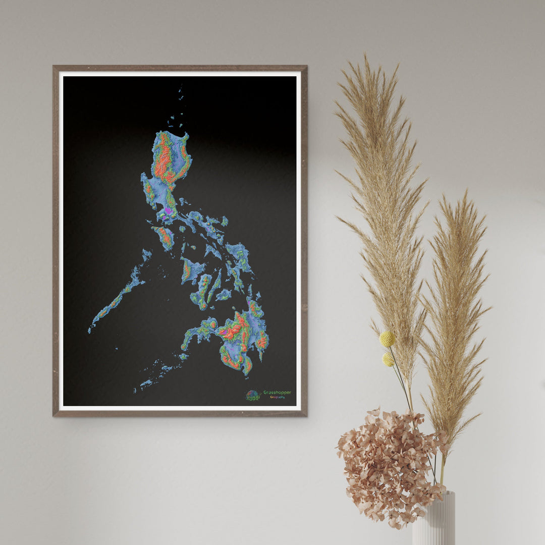 Elevation map of the Philippines with black background - Fine Art Print