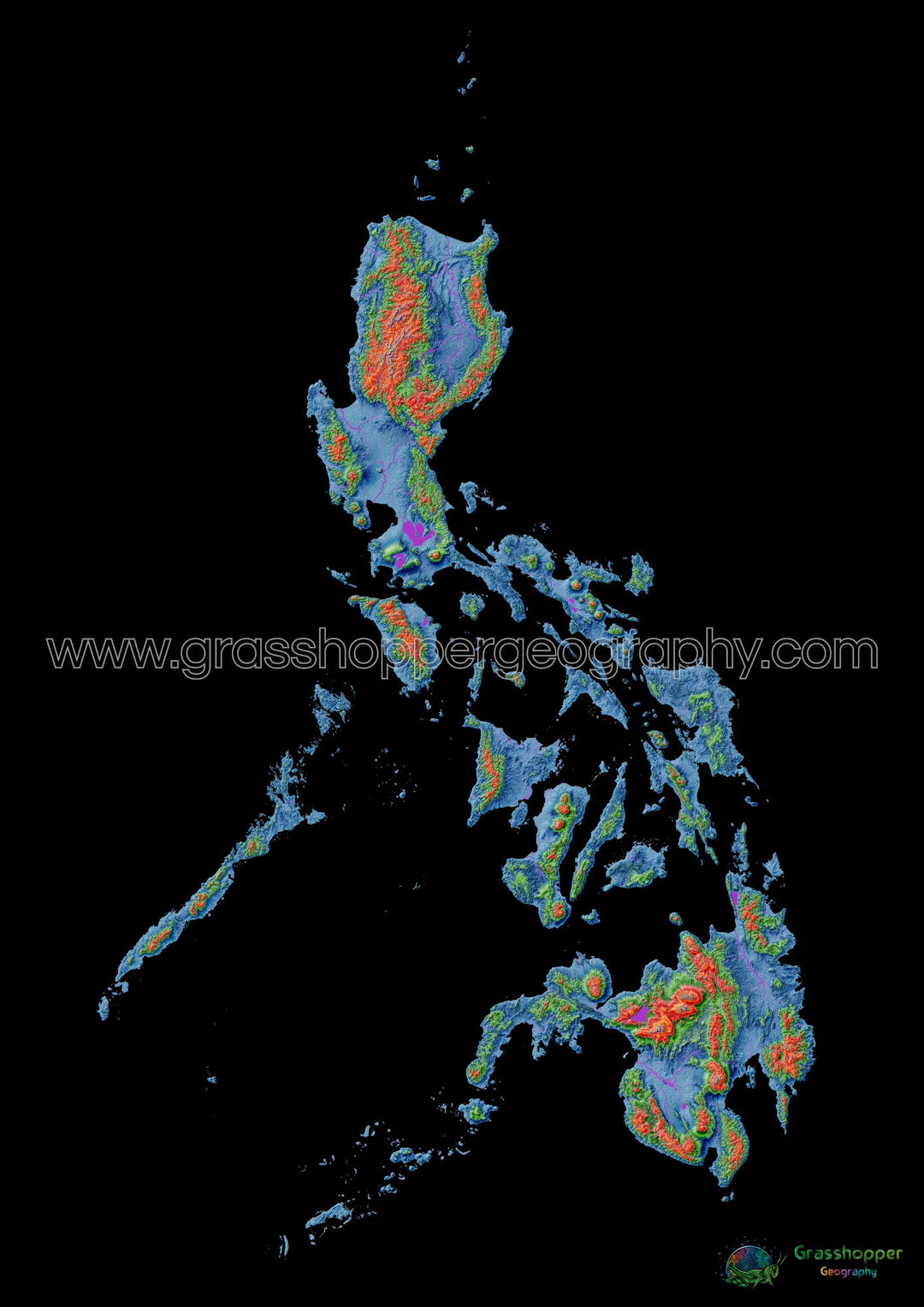 Philippines - Carte d'élévation, noir - Tirage d'art