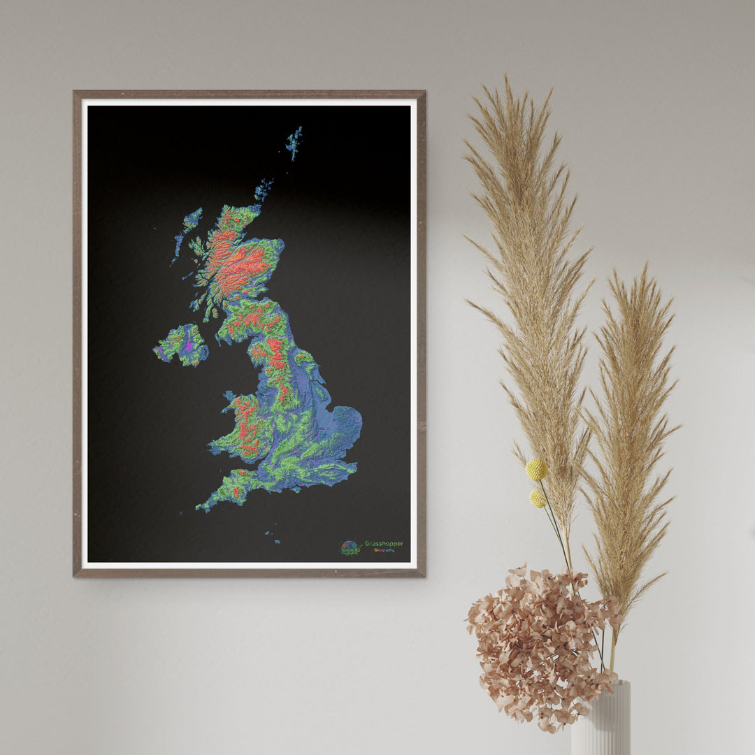 Reino Unido - Mapa de elevación, negro - Impresión de Bellas Artes