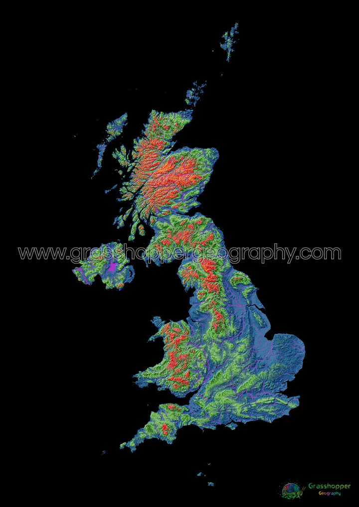 Elevation map of the United Kingdom with black background - Fine Art Print