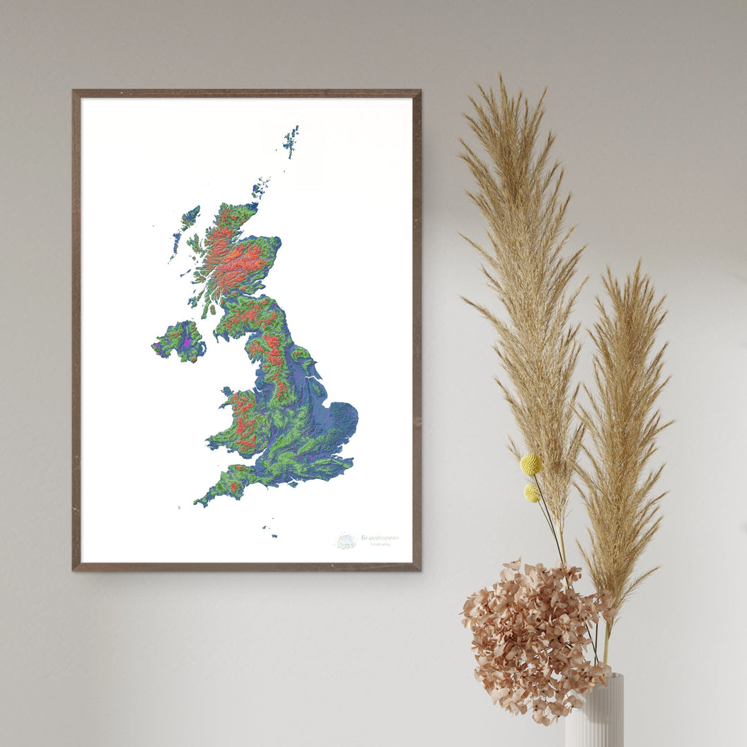 Royaume-Uni - Carte d'élévation, blanche - Tirage d'art