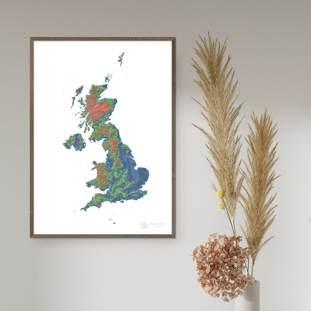 The United Kingdom - Elevation map, white - Fine Art Print