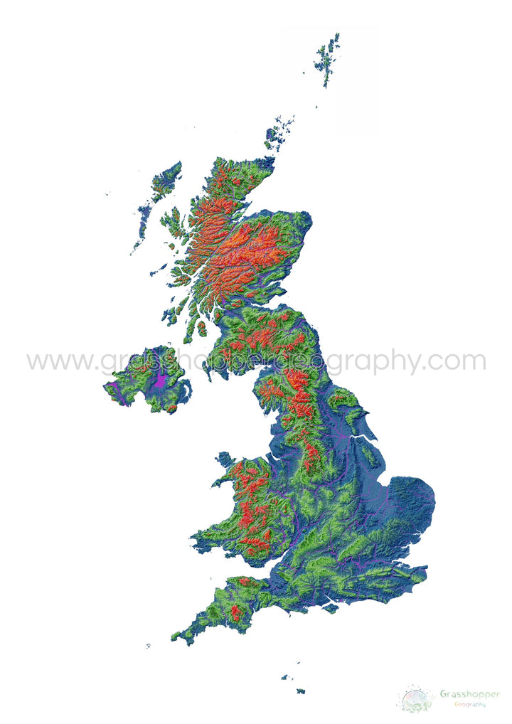 Elevation map of the United Kingdom with white background - Fine Art Print
