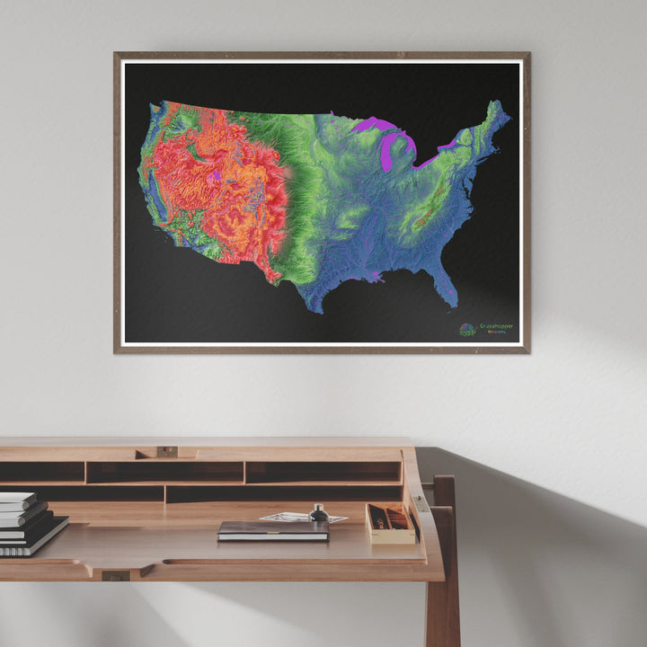 Estados Unidos - Mapa de elevación, negro - Impresión de Bellas Artes