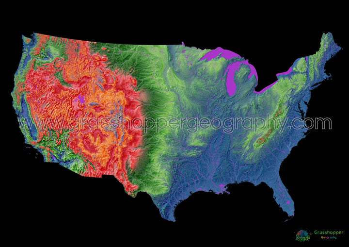 Elevation map of the United States with black background - Fine Art Print