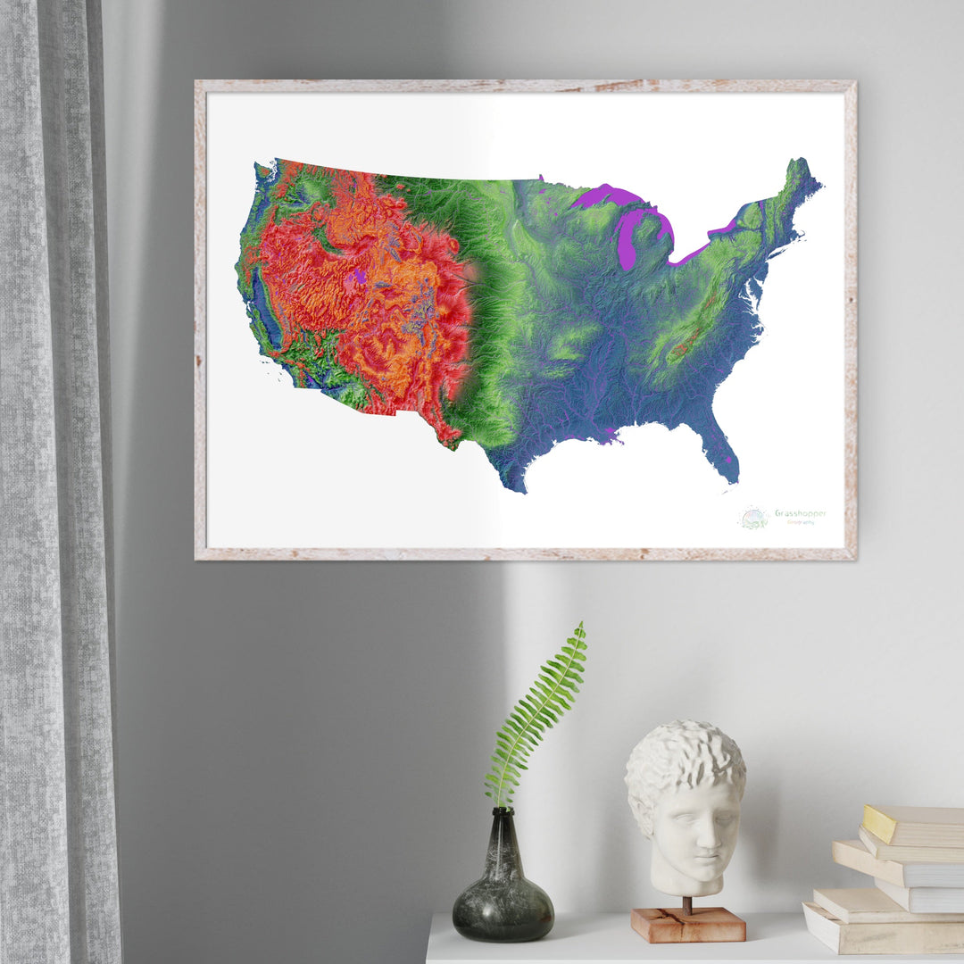 Estados Unidos - Mapa de elevación, blanco - Impresión de Bellas Artes