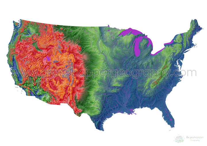 The United States - Elevation map, white - Fine Art Print