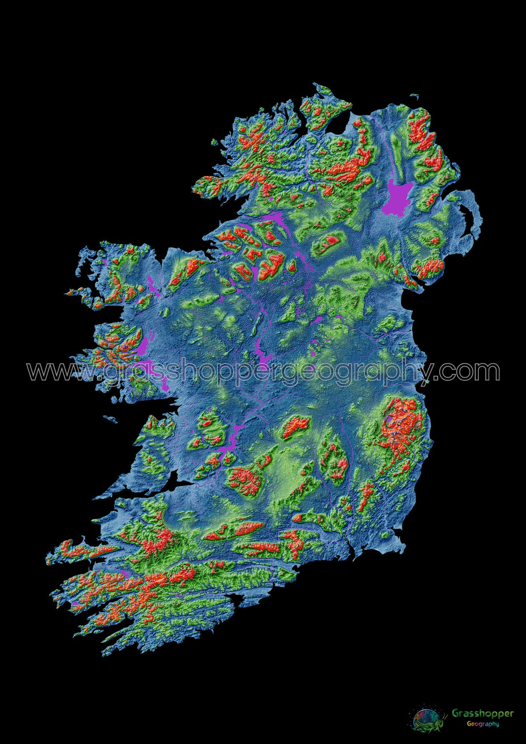 La isla de Irlanda - Mapa de elevación, negro - Impresión de Bellas Artes
