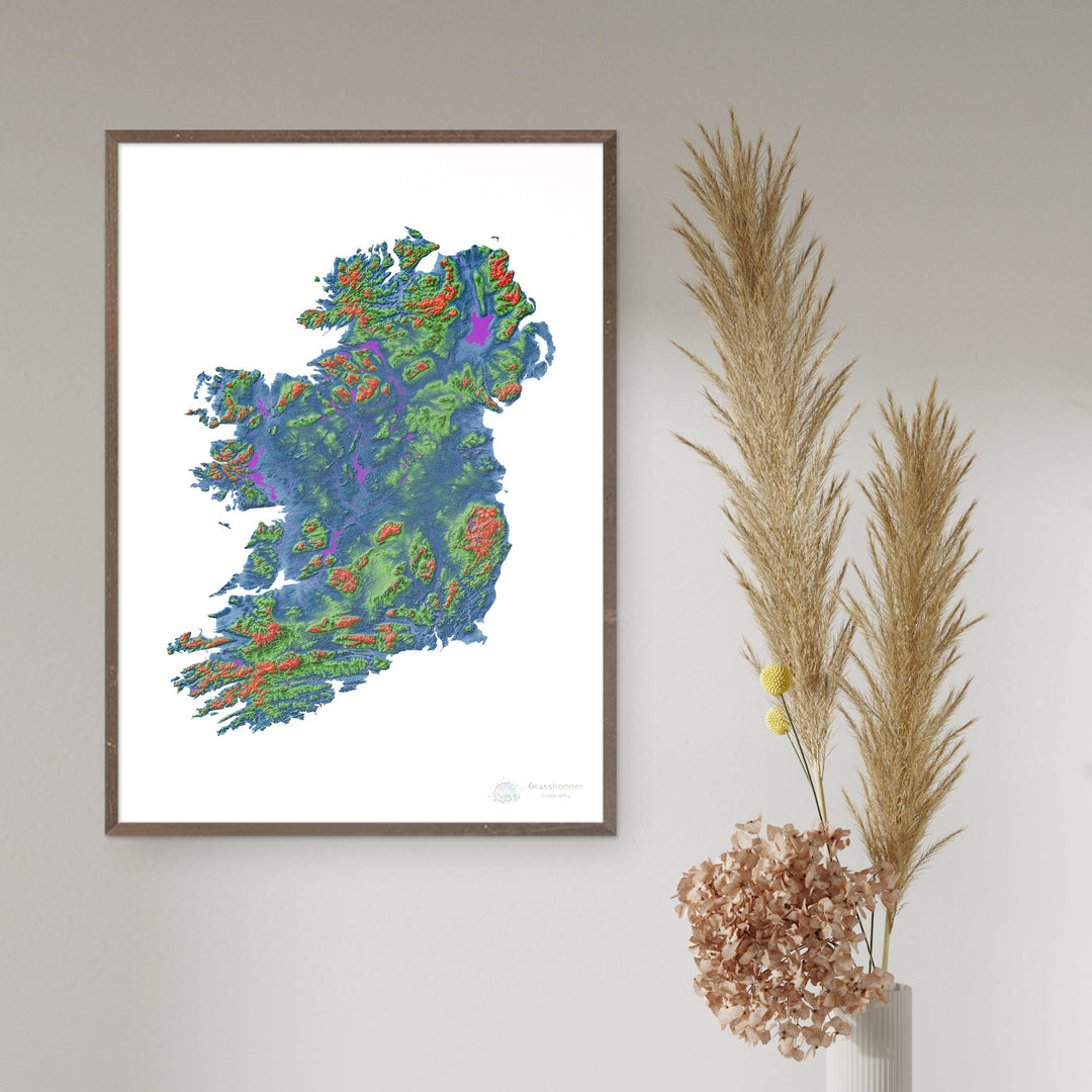 La isla de Irlanda - Mapa de elevación, blanco - Impresión de Bellas Artes