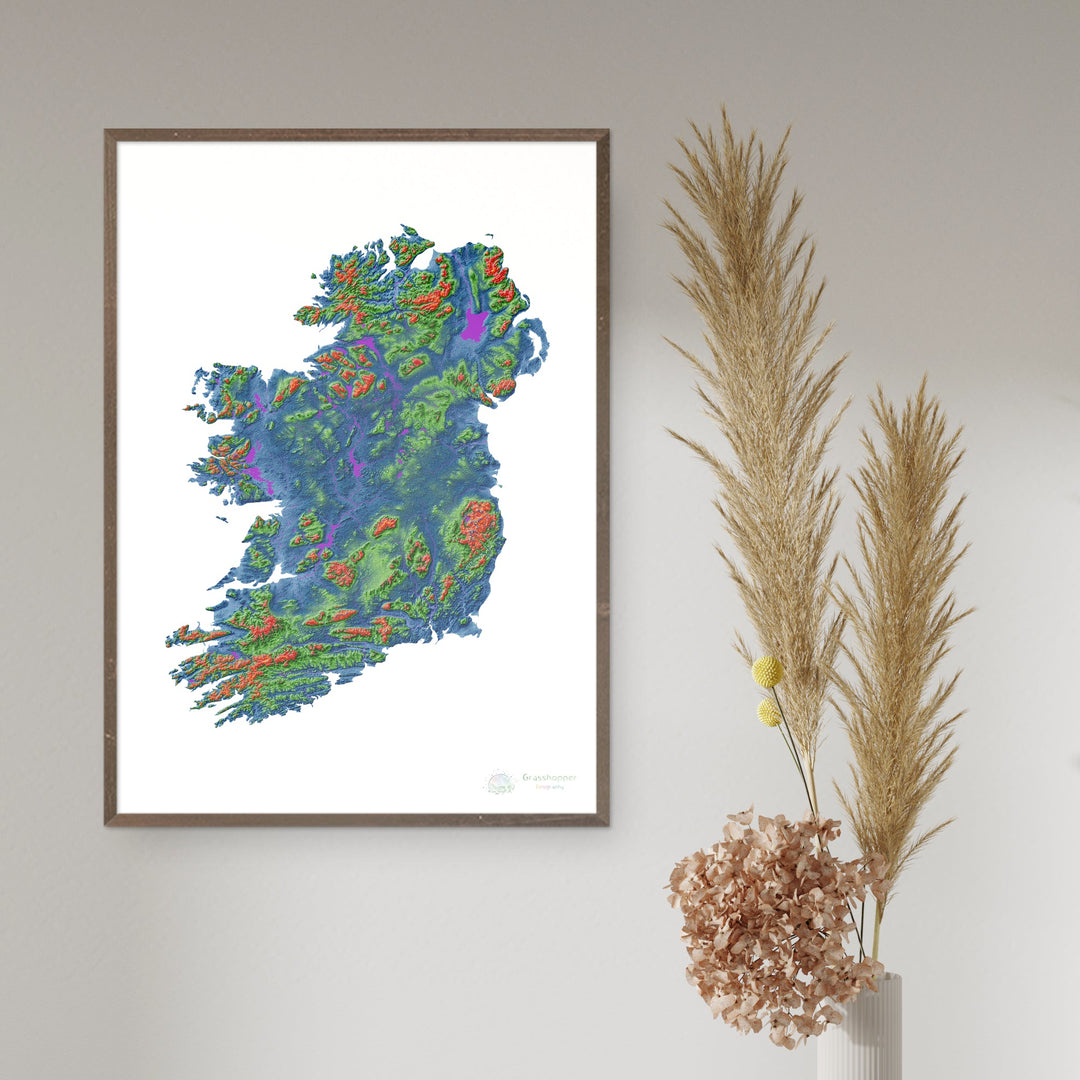 A ilha da Irlanda - Mapa de elevação, branco - Impressão de belas artes